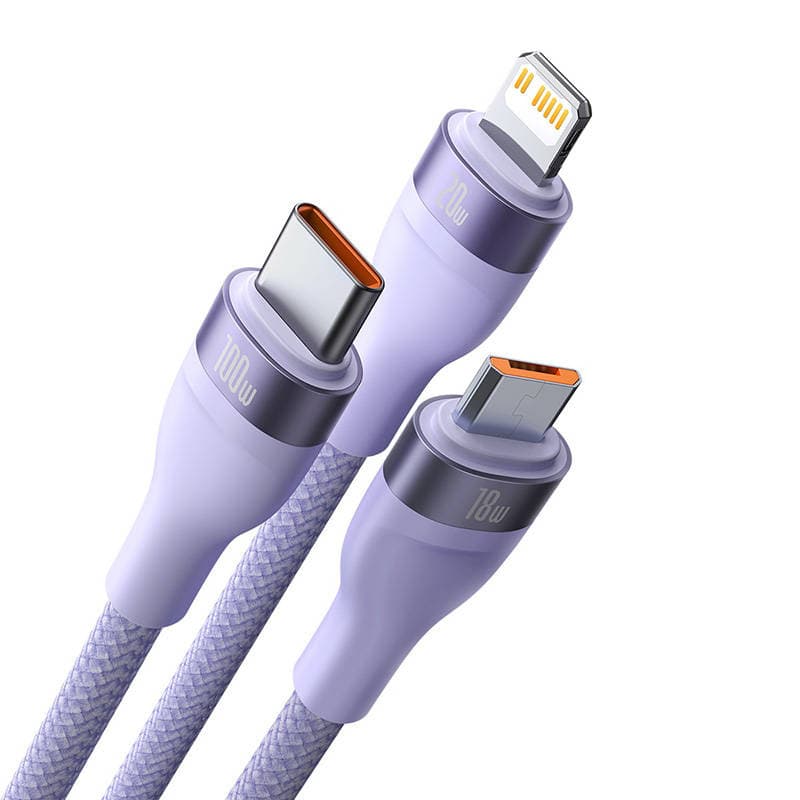 Baseus Flash Series 2 3v1 polnilni kabel USB-C/microUSB/Lightning, 100W, 1.5m (fialkov) 3