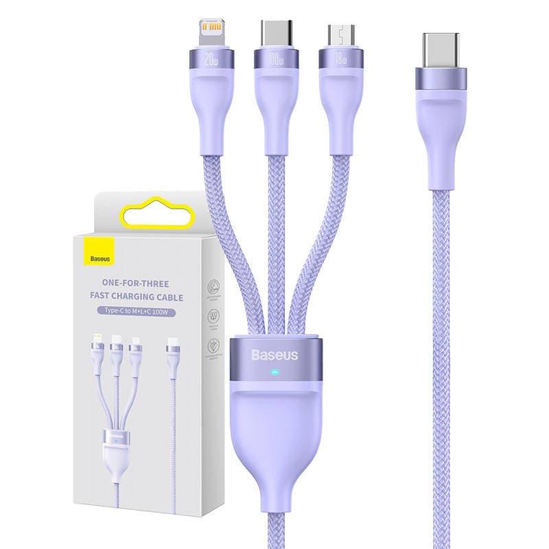 Baseus Flash Series 2 3v1 polnilni kabel USB-C/microUSB/Lightning, 100W, 1.5m (fialkov)