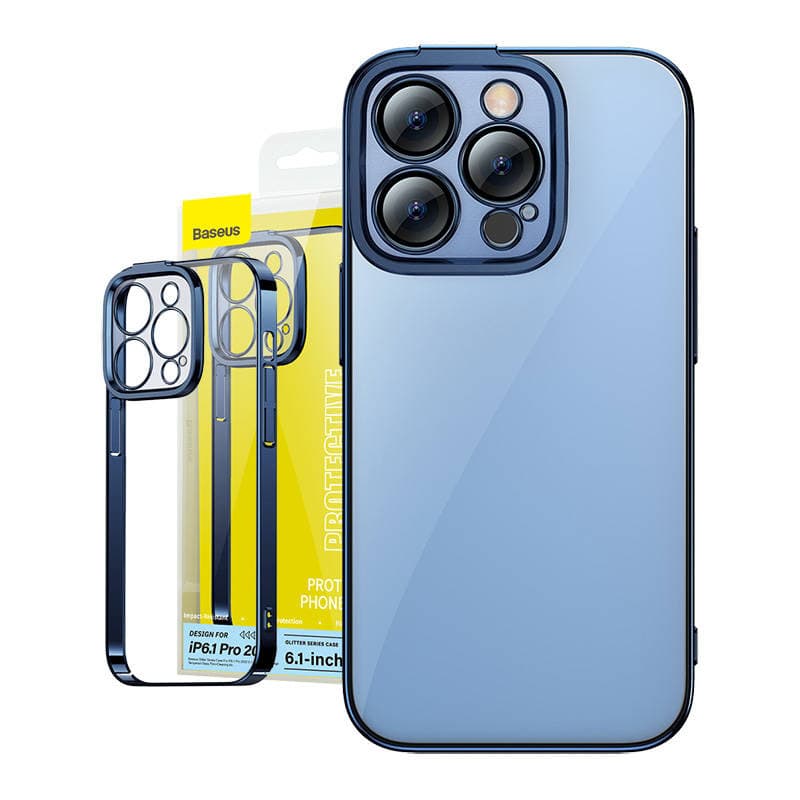 Baseus Glitter etui + steklo za iPhone 14 Pro (modri)