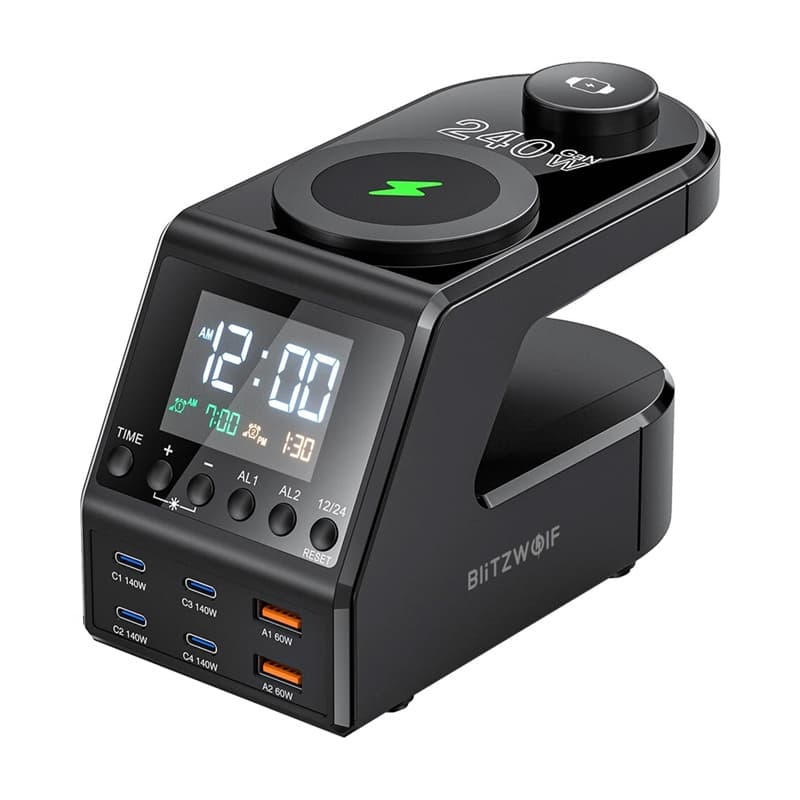 Budilka z polnilnikom Blitzwolf BW-FW10, 2xUSB-A, 4xUSB-C, 240W