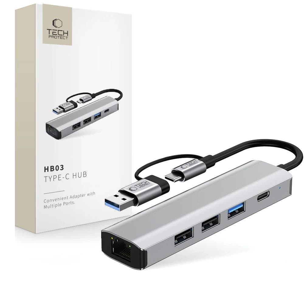 Adapter Tech-Protect HB03 HUB Adapter 5v1 USB-C + USB2.0 + USB3.0 + RJ45 - siv