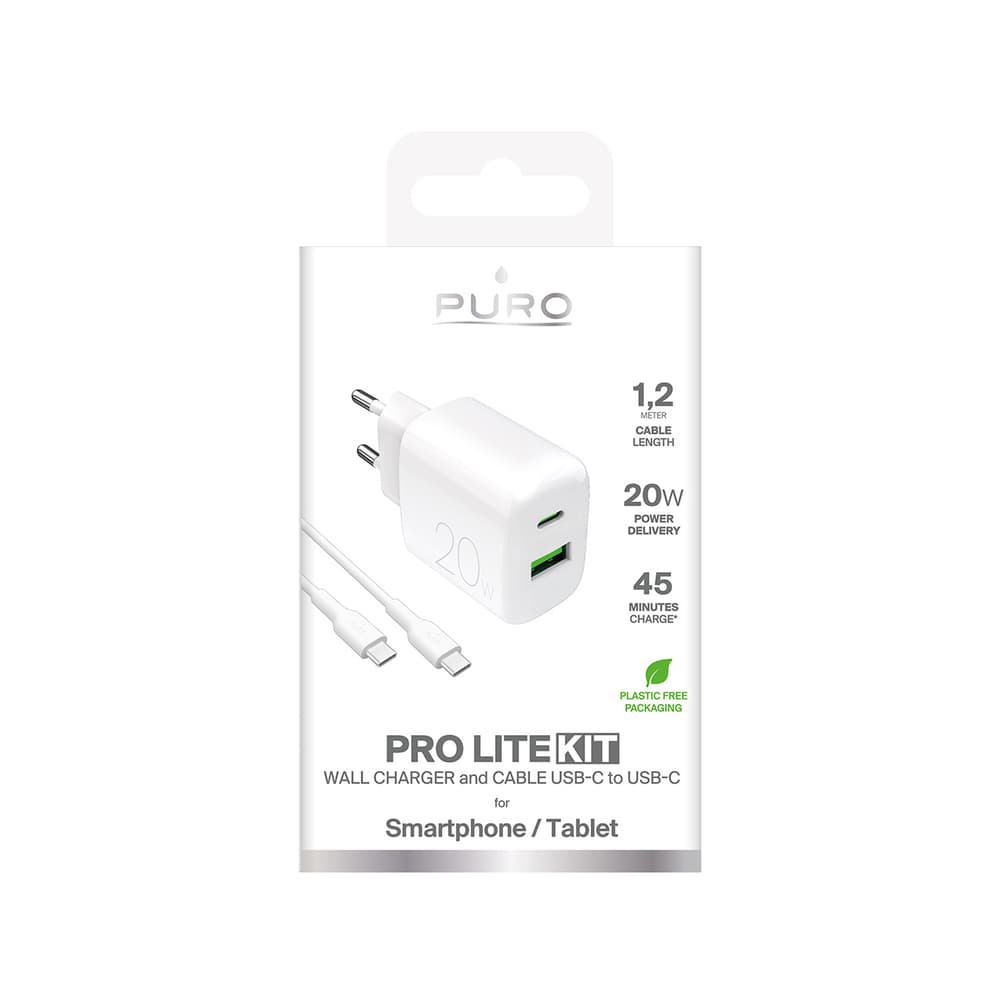 Puro PROLITE 20W USB-A/USB-C polnilnik + kabel USB-C/USB-C 1.2m, bel 2