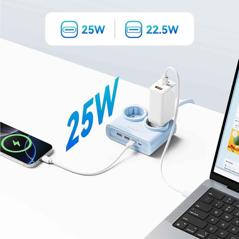 Orico PDC25 25W 6in1 napajalnik: 2x AC + 2x USB-A + 2x USB-C, moder 5