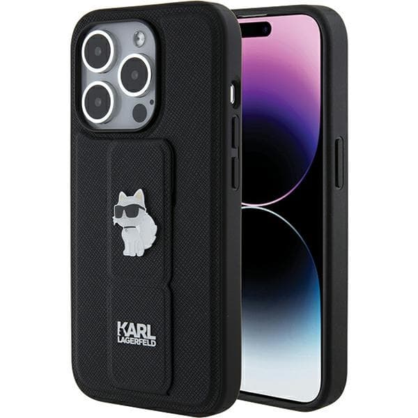 Karl Lagerfeld Gripstand Saffiano ovitek z Choupette Pins za iPhone 15 Pro Max - črna