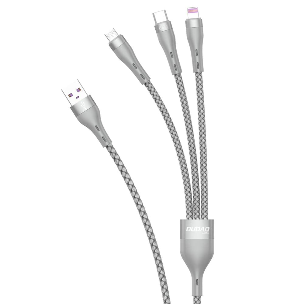 Dudao 3v1 USB kabel - Lightning/microUSB/USB-C 65W 1.2m, siv