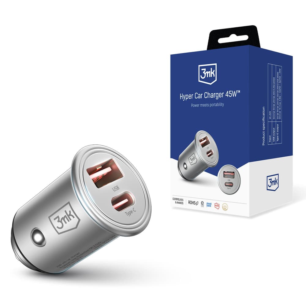 3mk Hyper avto polnilec 45W, 2x USB-C