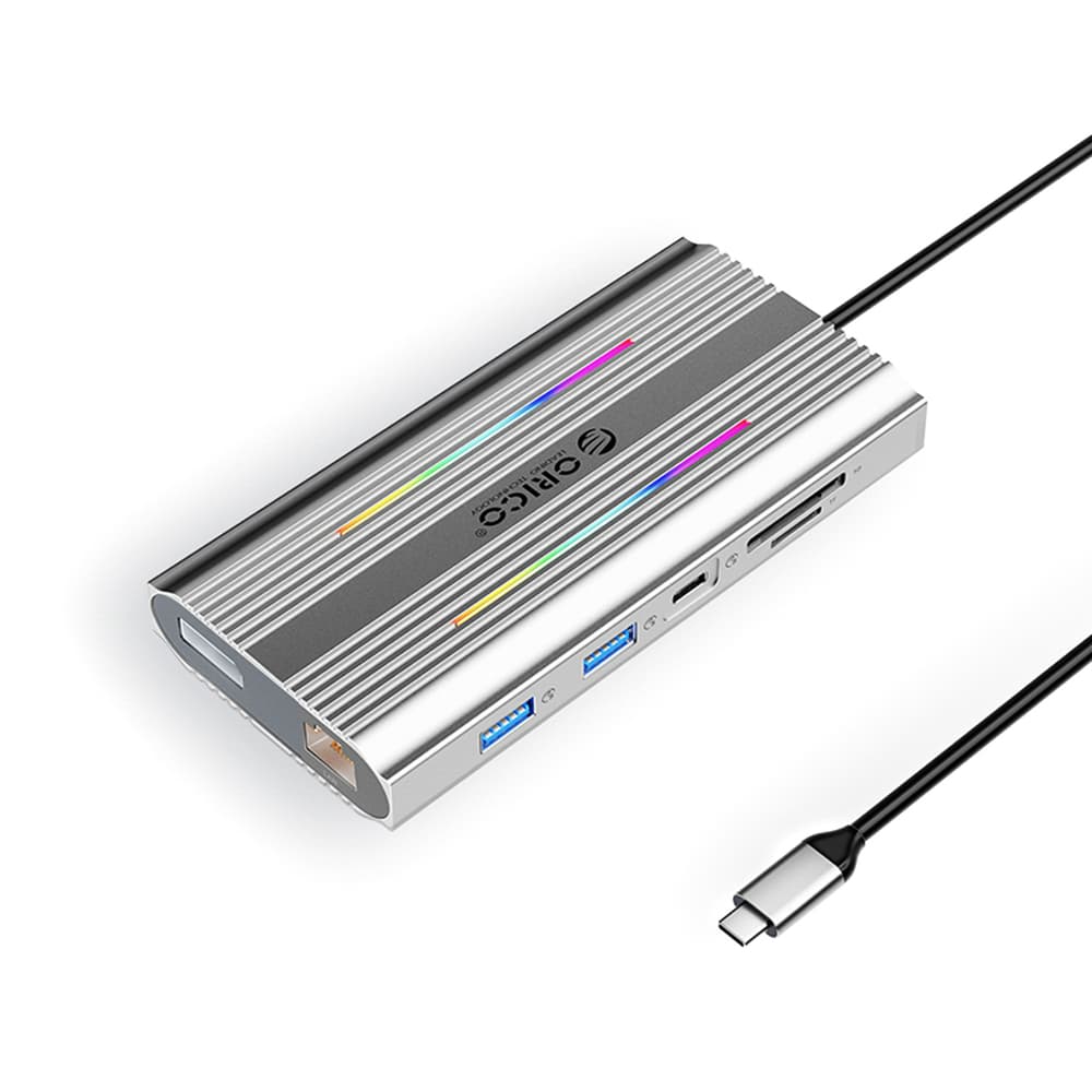 Orico XDR 12v1 USB-C Docking Station RGB, 2x HDMI 4K 60Hz, DP 4K 60Hz, PD 100W, Čitalnik kartic - Srebrna