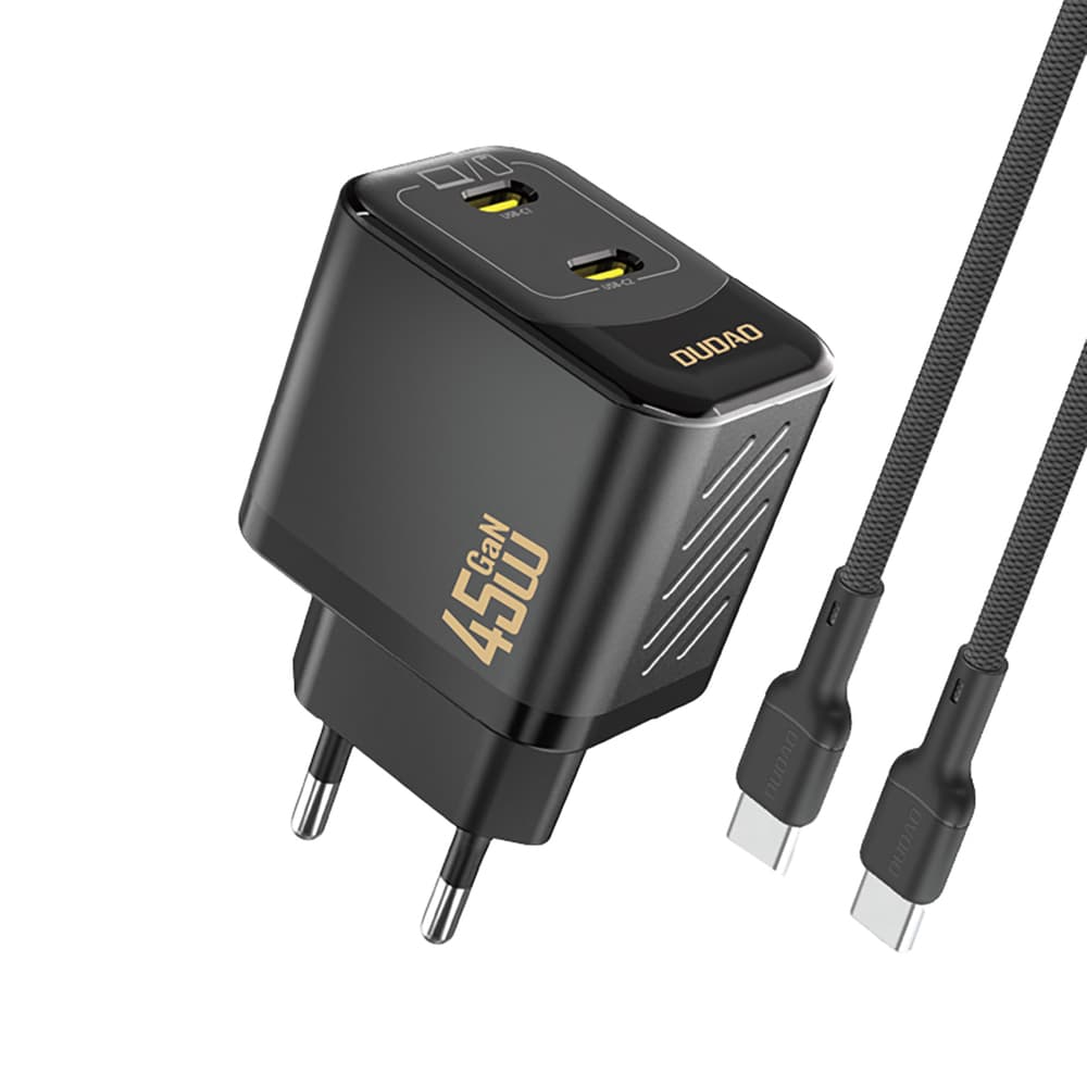 Dudao A28PCEU PD 45W GaN 2xUSB-C stenski polnilnik z USB-C kablom - črn