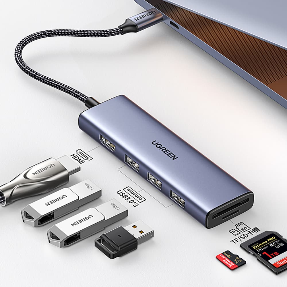 HUB Ugreen CM511 6v1 USB-C - HDMI / 3x USB-A 3.0 / SD/TF čitalnik kartic, siv 6