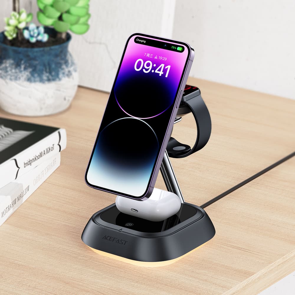 Acefast E16 3v1 15W indukcijska polnilna postaja za telefon/slušalke/uro, črna 3