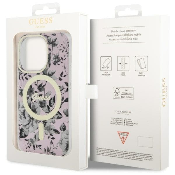 Guess ovitek za iPhone 14 Pro 6.1" roza Flower MagSafe 8