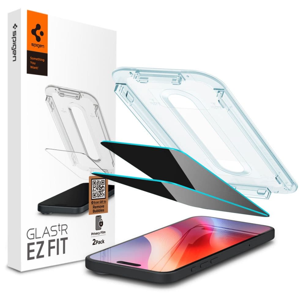 Spigen Glas.tR EzFit Privacy kaljeno steklo za iPhone 15/16 z adapterjem (2 kosa)