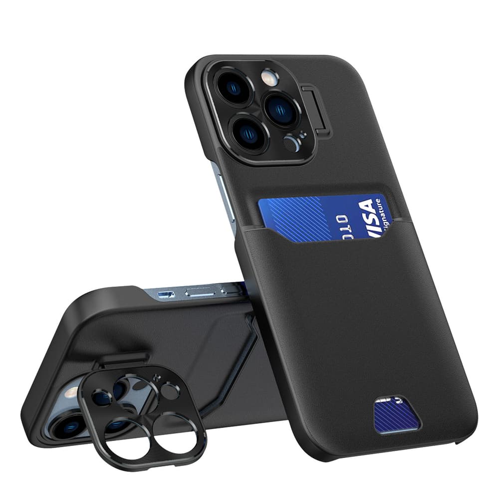 Hurtel ovitek za iPhone 14 Pro Max, usnjen s stojalom in predalom za kartico, črn