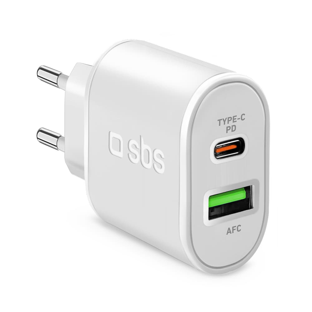 SBS 20W stenski polnilnik USB-A USB-C s Power Delivery - bel