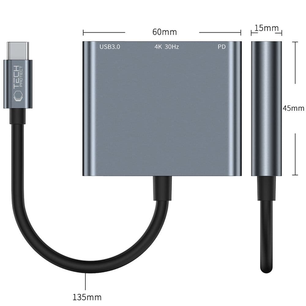 USB-C HUB Tech-Protect V1 3v1 (USB-A 3.0 / USB-C PD 100W / HDMI 4K) - siv 4