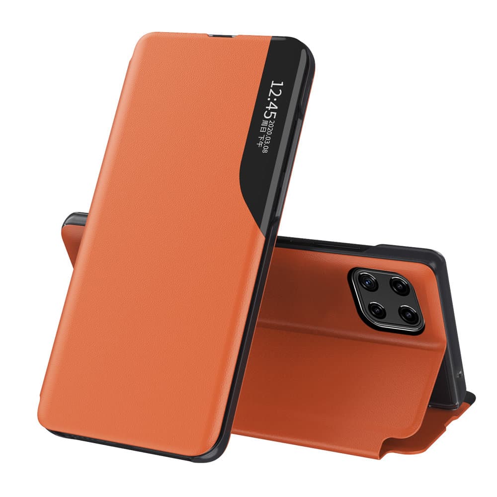 Elegantna imitacija usnja ovitek z oporo Eco Leather View Case za Samsung Galaxy A22 4G oranžna