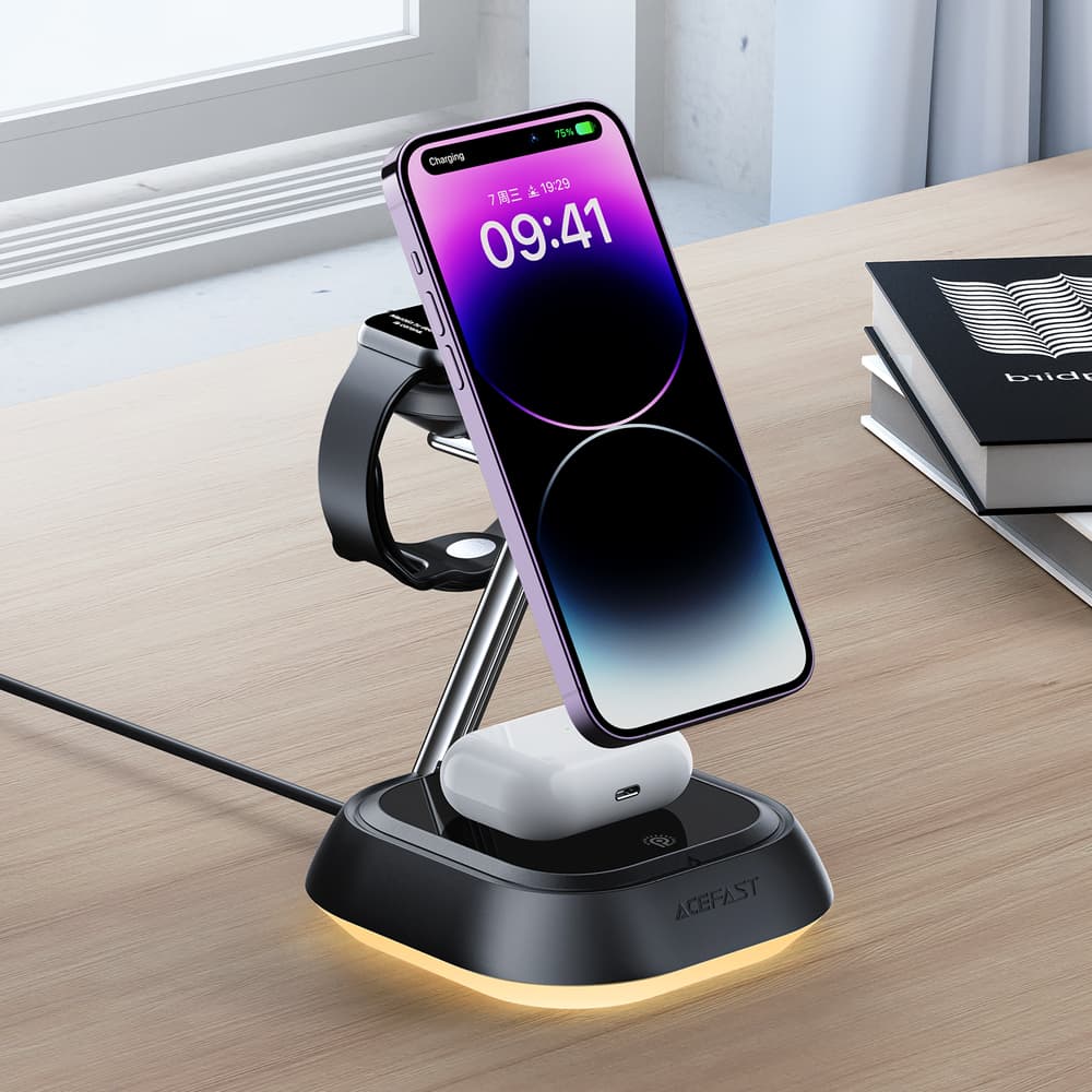 Acefast E16 3v1 15W indukcijska polnilna postaja za telefon/slušalke/uro, črna 4