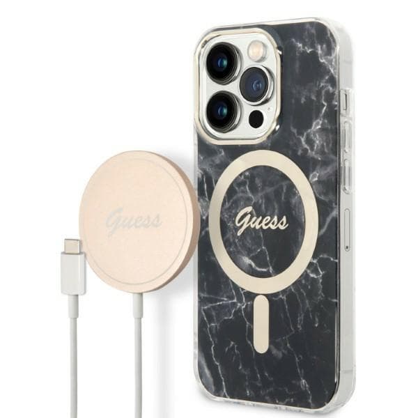 Set Guess ovitek + polnilnik za iPhone 14 Pro (črn/črn) Marble MagSafe