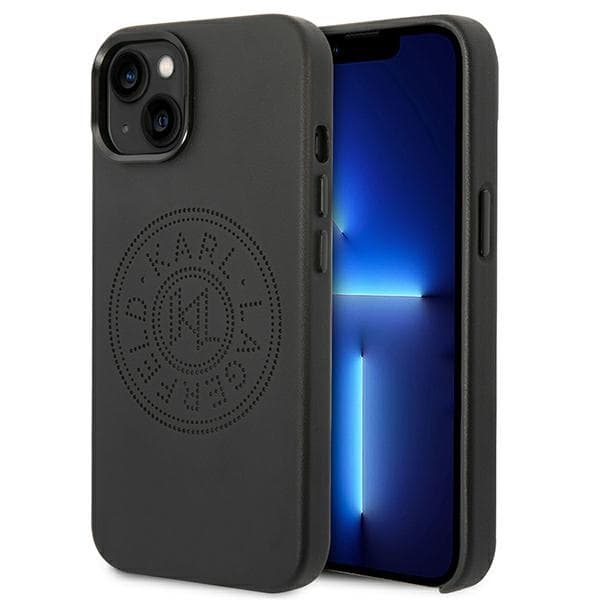 Ovitek Karl Lagerfeld usnjen z perforiranim logotipom za iPhone 14 Plus - Črna