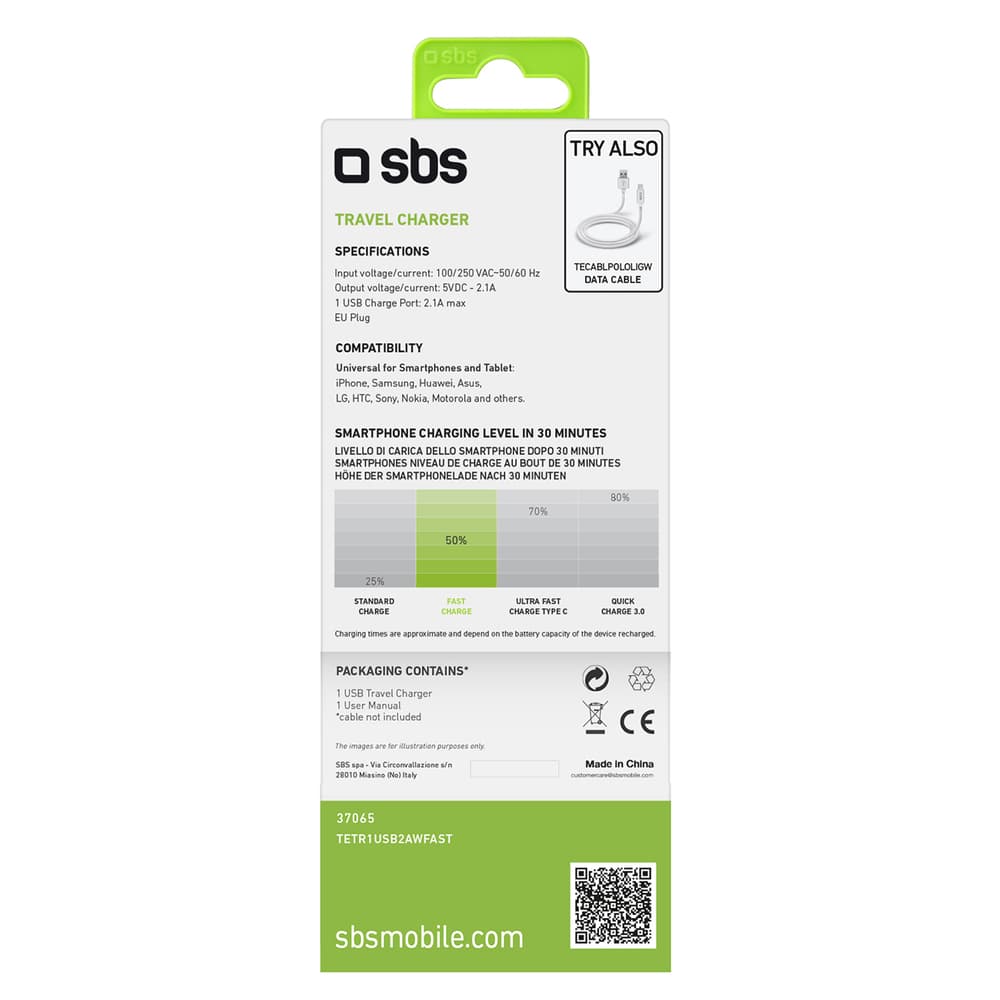 SBS TETR1USB2AWFAST 10W USB-A zidni polnilnik - bel 3