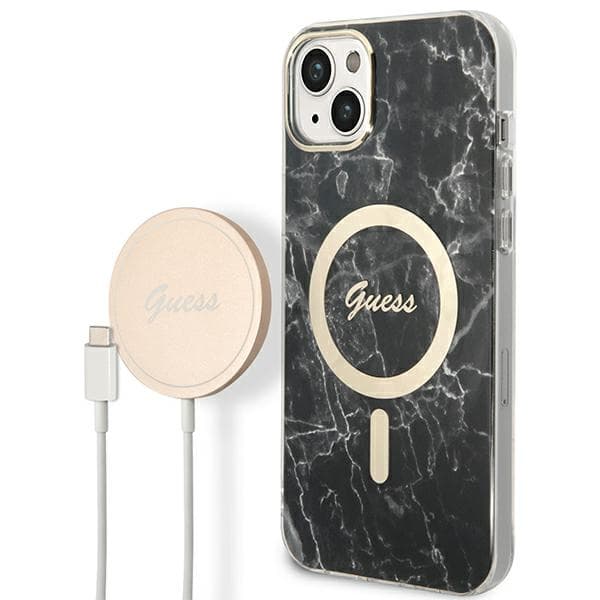 Set Guess ovitek + polnilnik za iPhone 14 (črn/črn) Marble MagSafe