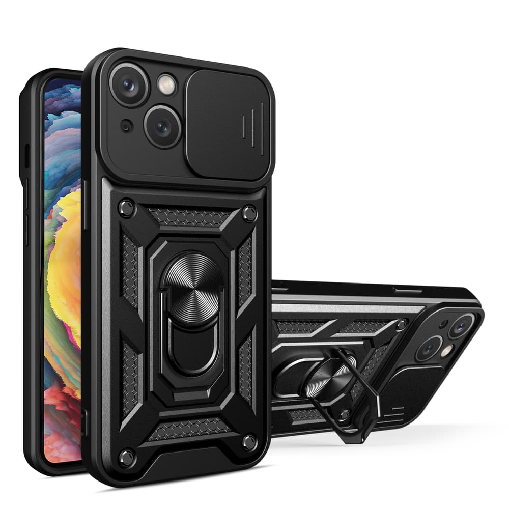Hybrid Armor Camshield ovitek za iPhone 15 Plus s stojalom in pokrovom kamere - črn