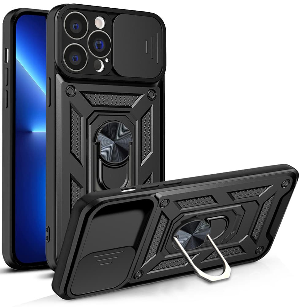 Hybrid Armor Camshield etui za iPhone 13 Pro z drsnim pokrovom kamere - črn