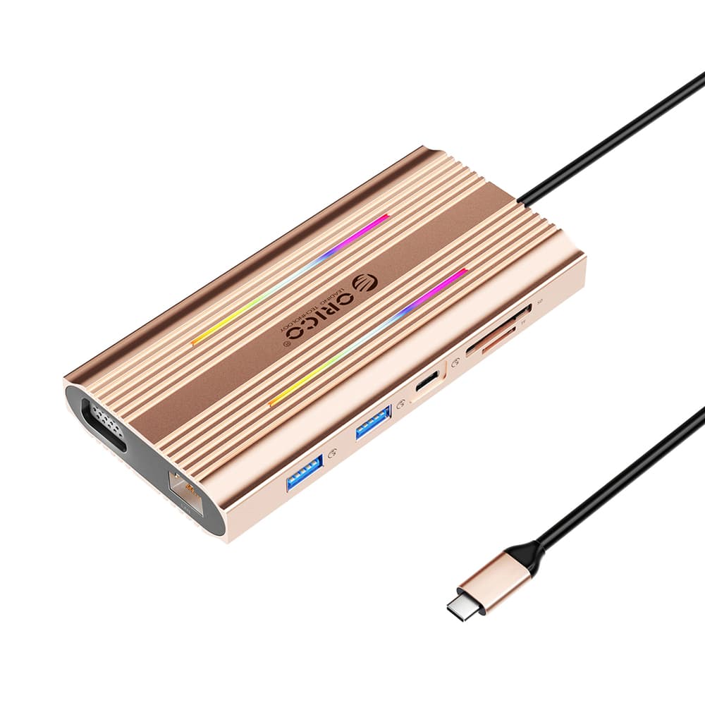 Orico XDR 12v1 USB-C Docking Station RGB, PD 100W, 2x HDMI 4K 60Hz, VGA, RJ45, Čitalnik kartic - Rose Gold