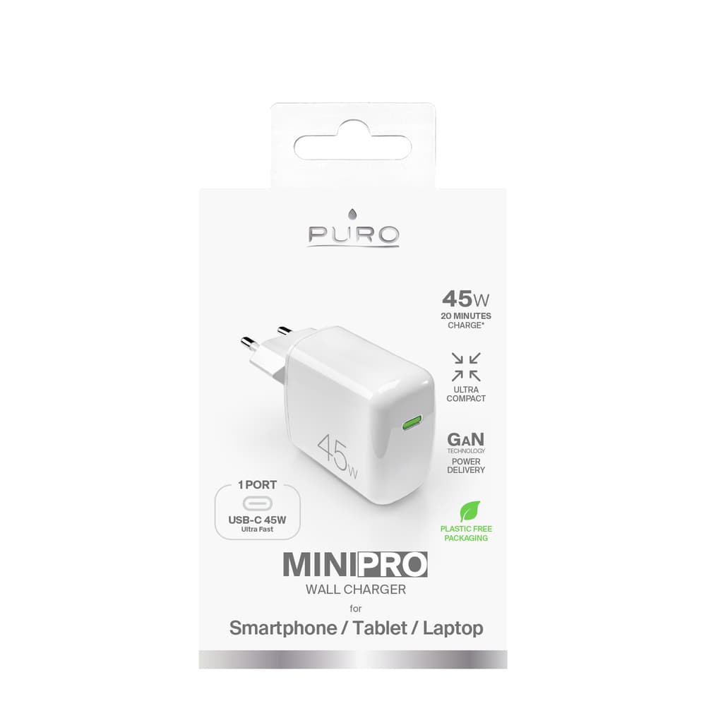 Puro Super Mini 45W PD GaN USB-C stenski polnilnik, bel 2