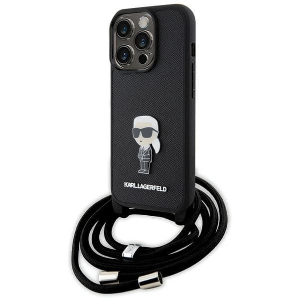 Karl Lagerfeld Crossbody Saffiano Monogram Metal Pin ovitek za iPhone 15 Pro - črna