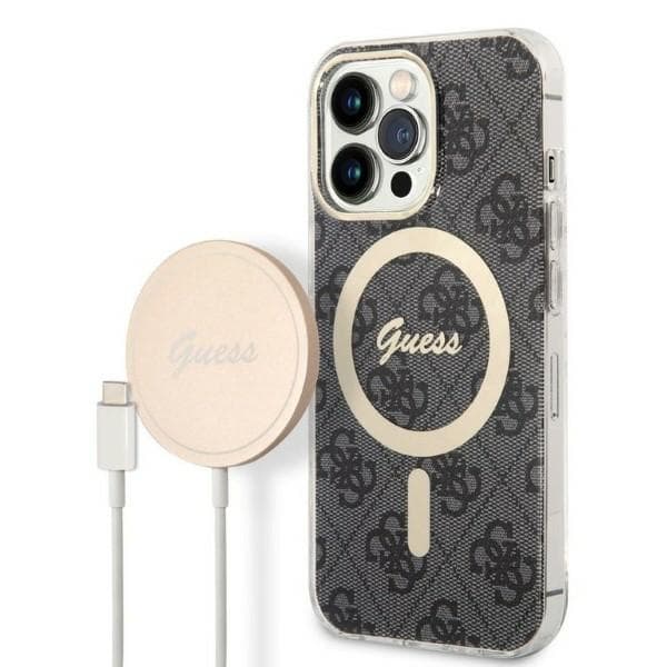 Set Guess ovitek + polnilnik za iPhone 13 Pro (črn/črn) 4G Print MagSafe