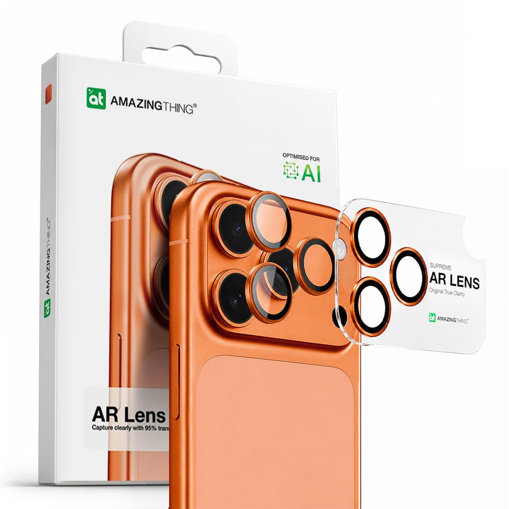 AmazingThing Zaščita za leče iPhone 17 Pro / Pro Max – oranžen okvir