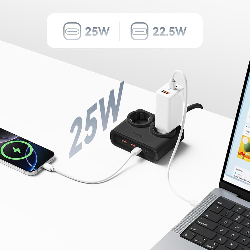 Orico PDC25 25W 6in1 napajalnik: 2x AC + 2x USB-A + 2x USB-C, črn 3