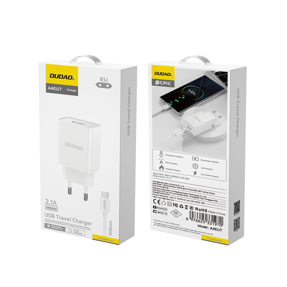Dudao A4EU USB-A 2.1A omrežni polnilnik + USB-A na USB-C kabel - bel 3