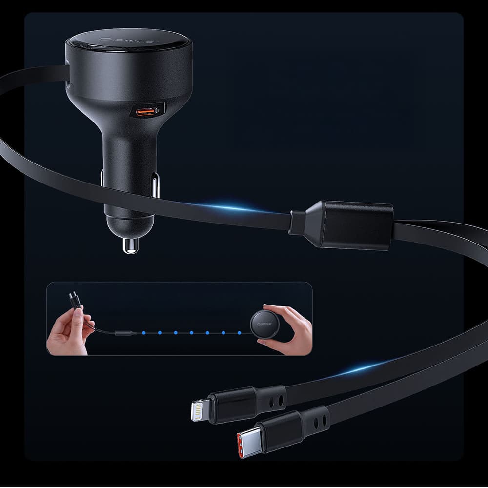 Orico Dual Stretch 60W avtomobilski polnilnik, 2x USB-C + Lightning kabla - črn 5