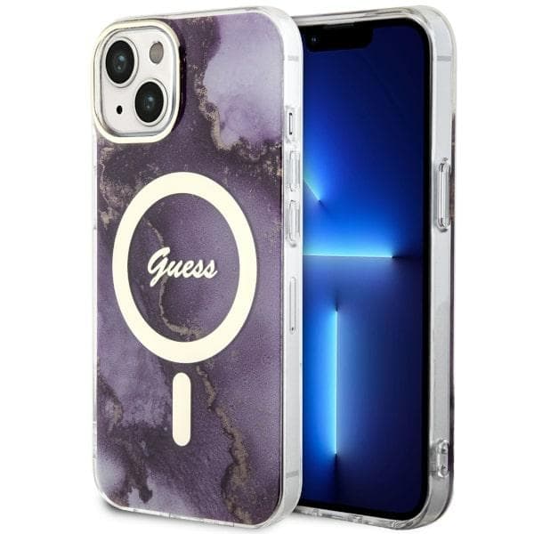 Ovitek Guess Golden Marble MagSafe za iPhone 14, vijoličen