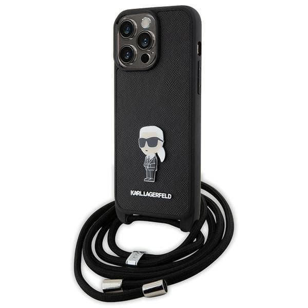 Karl Lagerfeld ovitek za iPhone 15 Pro Max, Crossbody Saffiano Monogram Metal Pin Karl & Choupette, črn