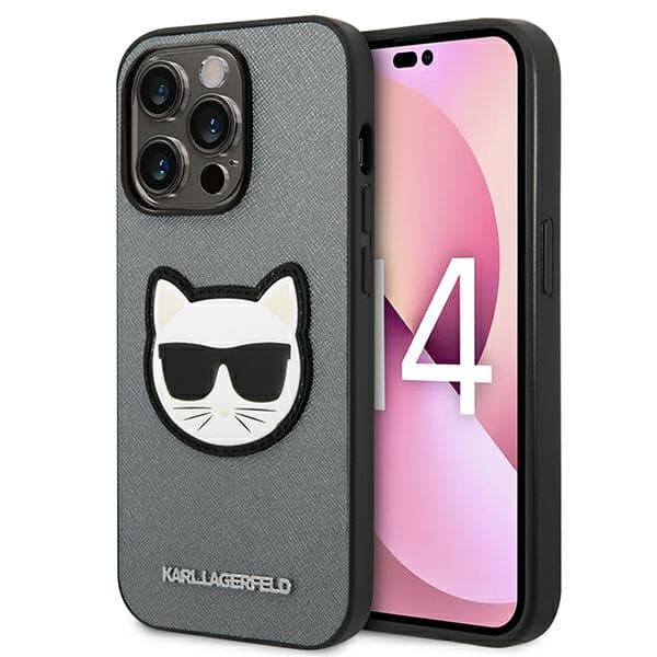 Karl Lagerfeld Saffiano Choupette ovitek za iPhone 14 Pro Max - Srebrna