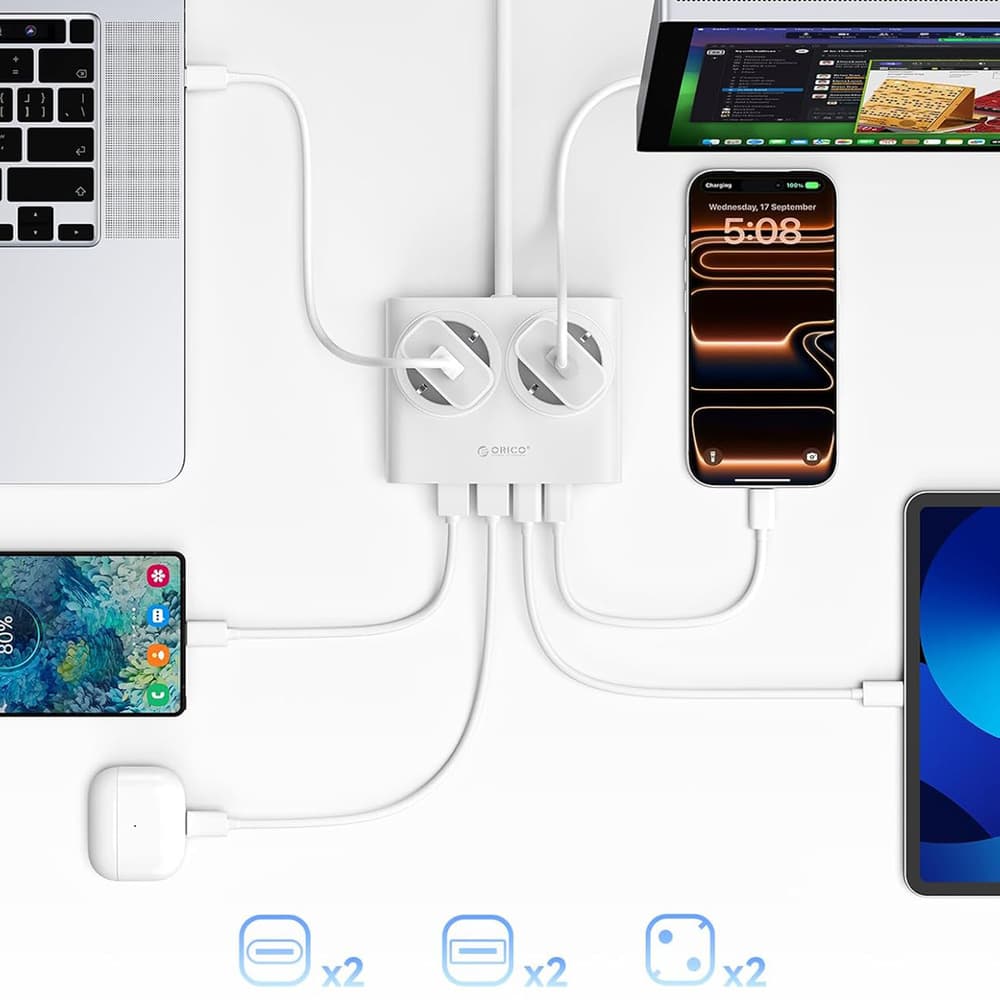 Orico PDC25 25W 6in1 napajalnik: 2x AC + 2x USB-A + 2x USB-C, bel 6