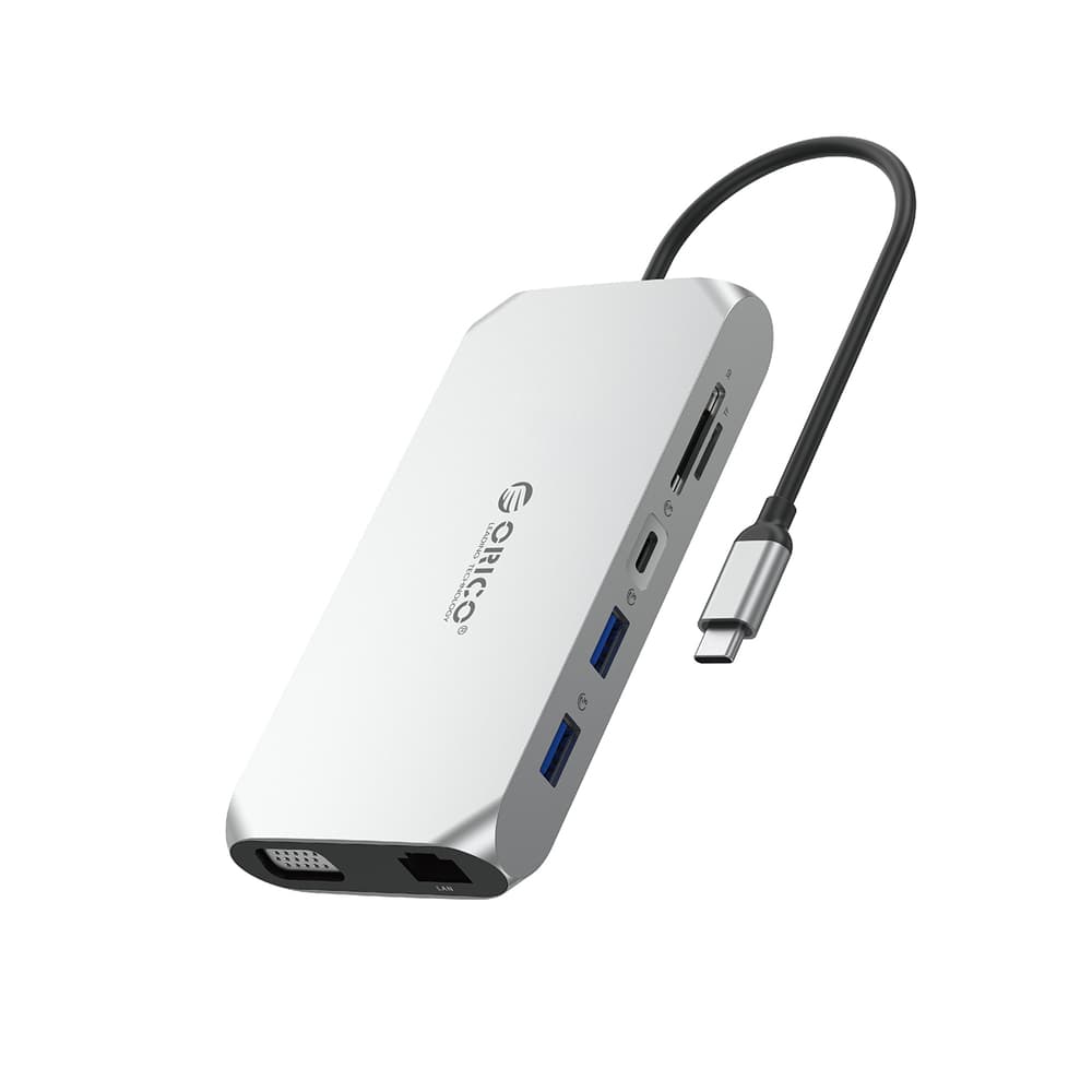 Orico XCR 12v1 USB-C Docking Station, 3x USB-A 3.1, HDMI 4K 30Hz, VGA 1080p, PD 100W, srebrna