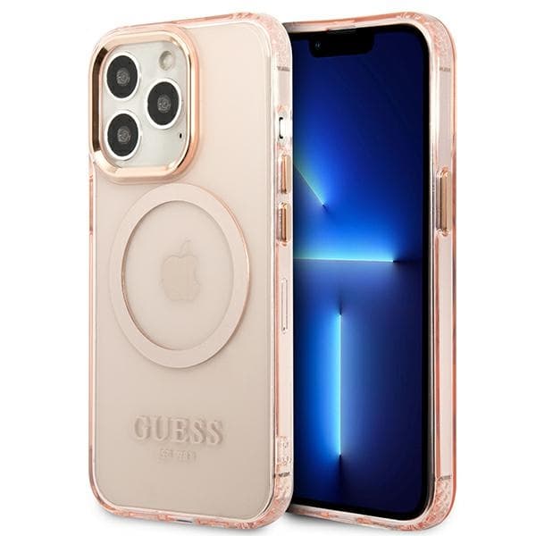 Guess Gold Outline Translucent MagSafe etui za iPhone 13 Pro Max - roza