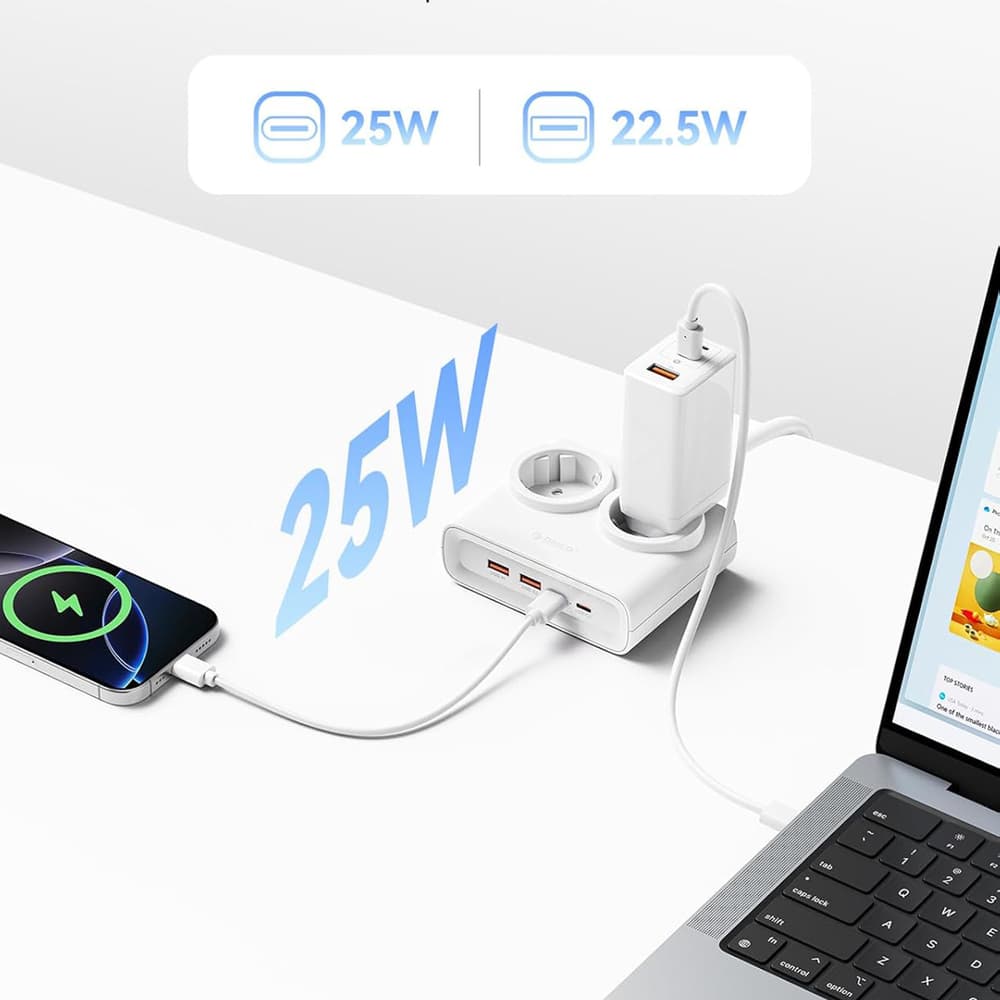 Orico PDC25 25W 6in1 napajalnik: 2x AC + 2x USB-A + 2x USB-C, bel 5