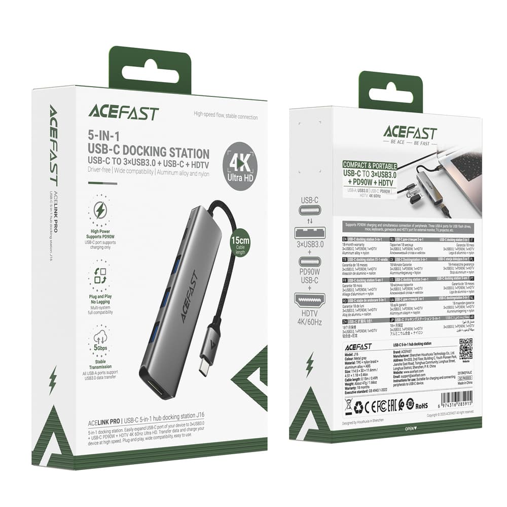 Acefast J16 USB-C Hub 5-v-1, HDMI 4K 60Hz, PD 90W, siva 5