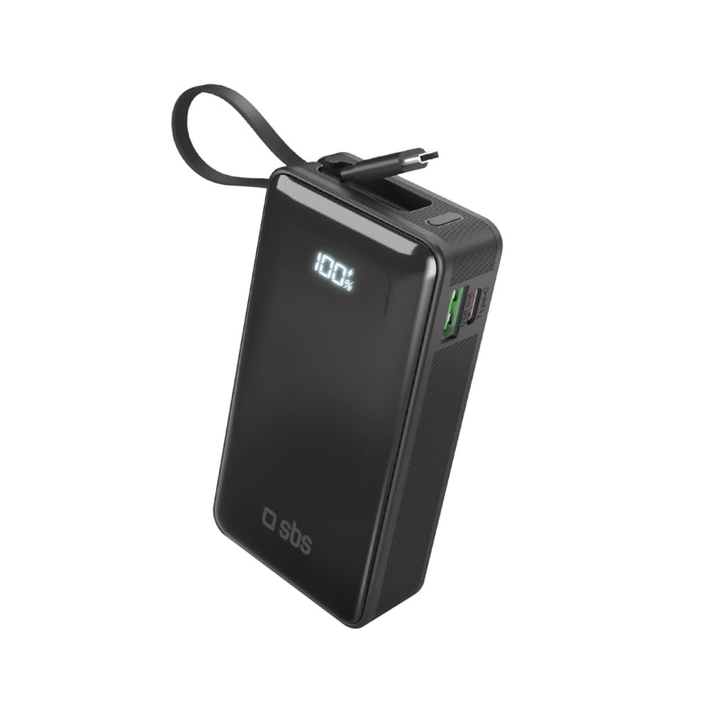 Powerbank SBS 10000 mAh 20W, vgrajen kabel USB-C, zaslon - Črna