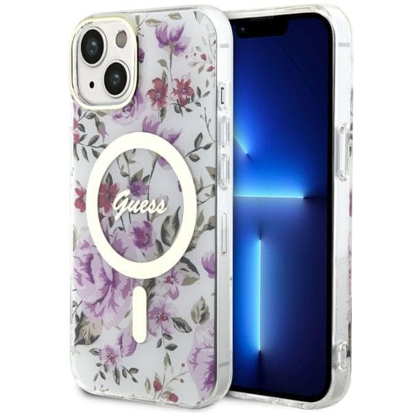Ovitek Guess Flower MagSafe za iPhone 14, prozoren