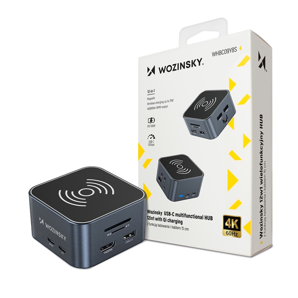 Večfunkcijski USB-C HUB Wozinsky WHBC09Y8S z brezžičnim polnjenjem (15W), aluminij, 15cm kabel - siv