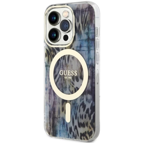 Guess ovitek za iPhone 14 Pro 6.1" modr Leopard MagSafe 2