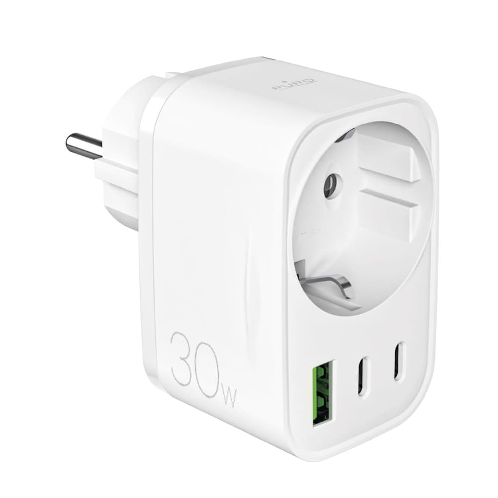 Puro 30W PD polnilnik s Schuko vtičnico, 2xUSB-C + 1xUSB-A, bel
