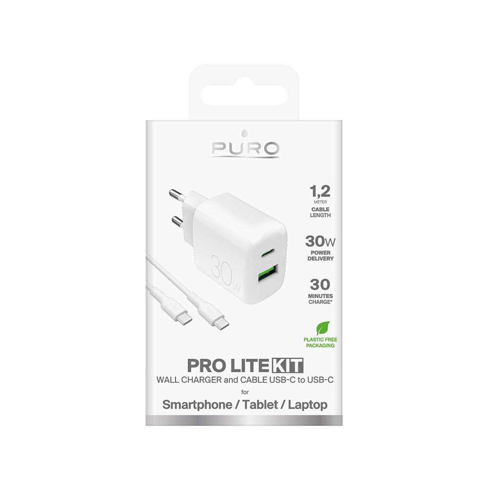 Puro PROLITE 30W stenski polnilec USB-A + USB-C + kabel USB-C -> USB-C 1.2m - bel 2