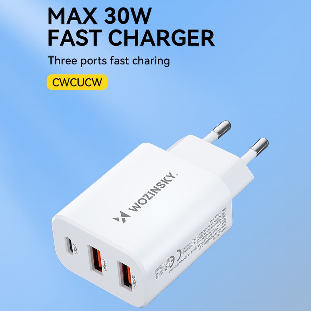 Wozinsky CWCUCW 30W stenski polnilnik, 1x USB-C, 2x USB-A, bela 5